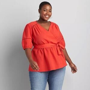 Lane Bryant Plus Size 18 Textured Crossover Belted Blouse Top Flame Scarlet